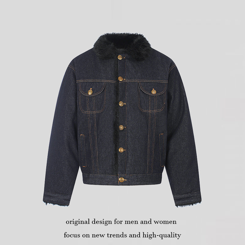 Women's padded denim jacket with faux fur collar, teddy lining and gold button details Mune Fashion