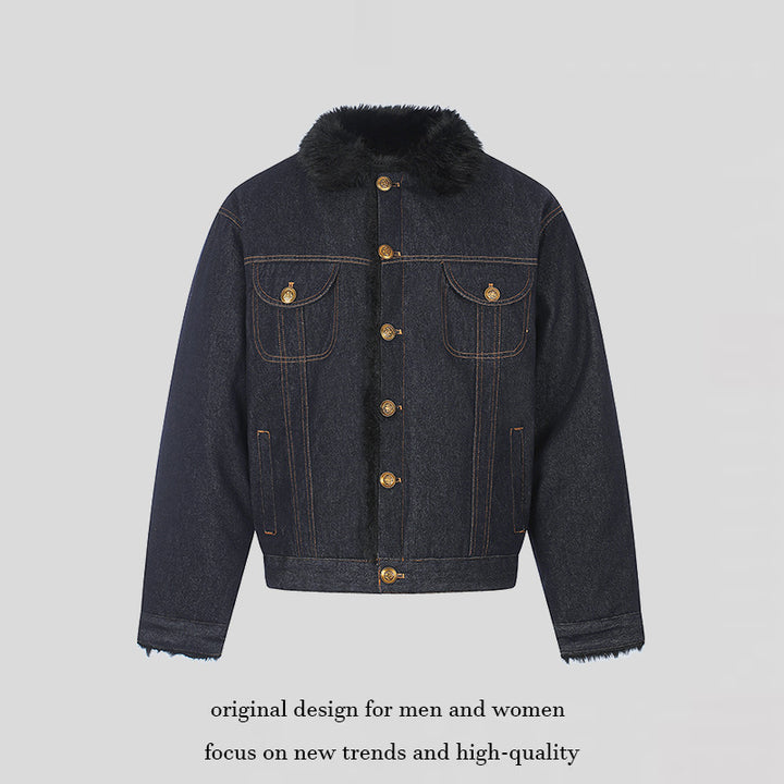 Women's padded denim jacket with faux fur collar, teddy lining and gold button details Mune Fashion