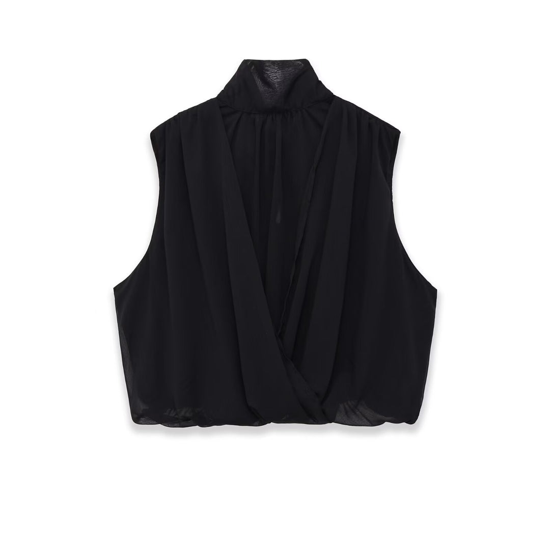 Women Sleeveless Chiffon Blouse with Bow Collar and Elastic Hem Mune Fashion