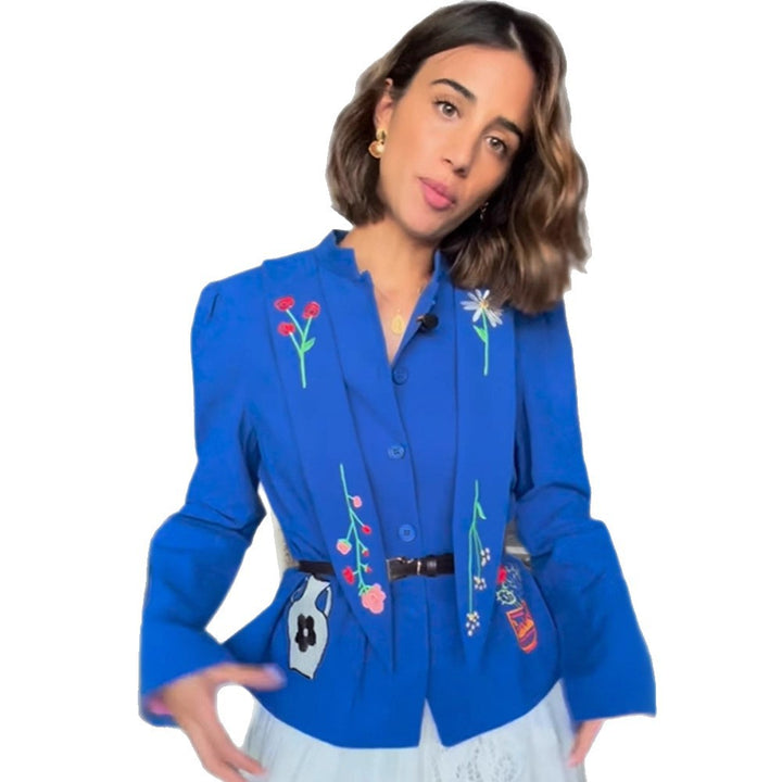 Women Embroidered Tailored Short Jacket with Peplum and Belt Mune Fashion