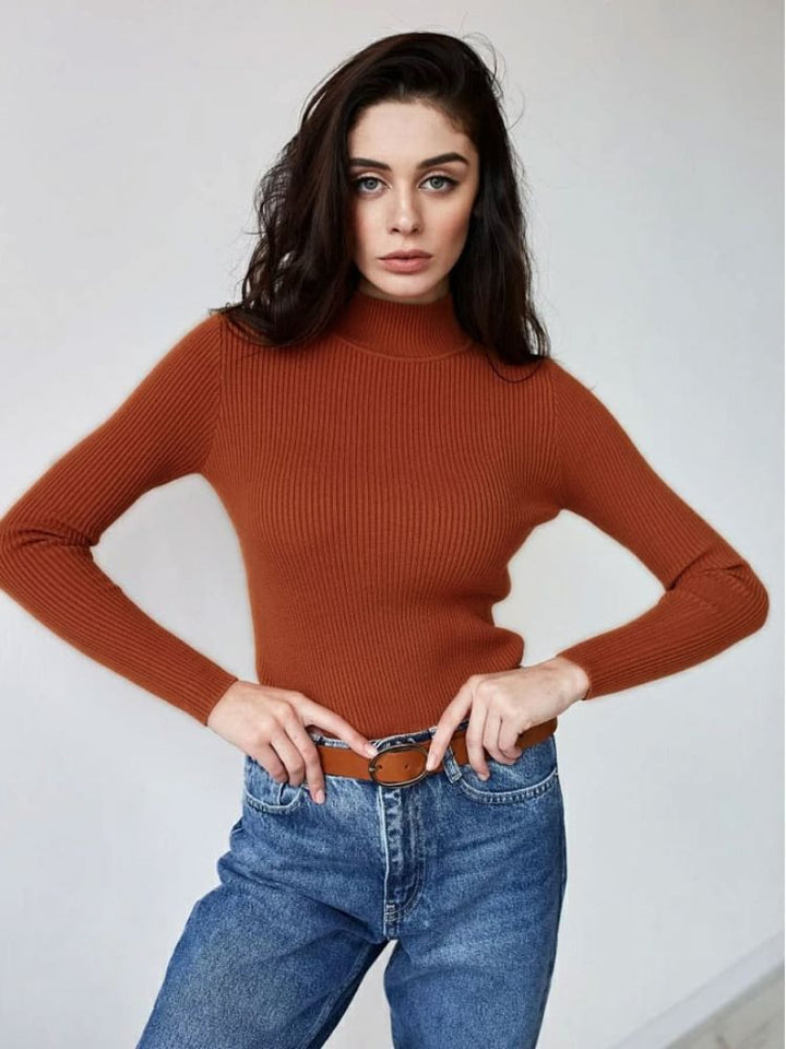 Women's Short-Cut Ribbed Turtleneck Sweater with Fitted Cut Mune Fashion