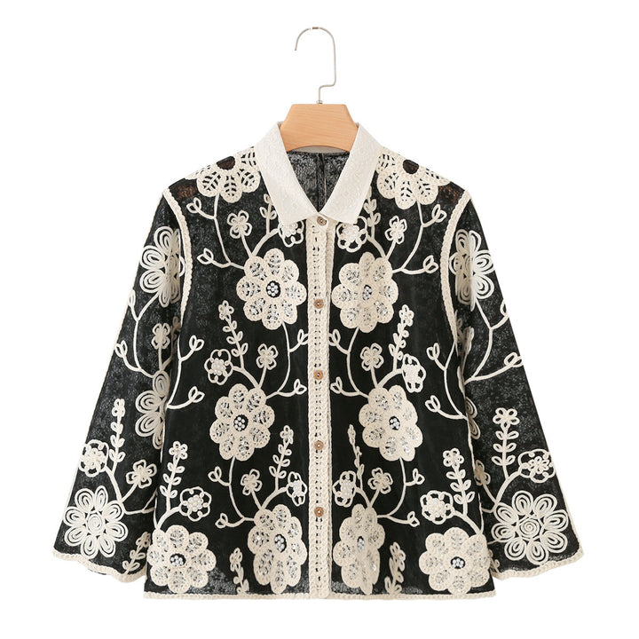 Women's Embroidered Lace Blouse with Crochet Appliqués and Shirt Collar Drune