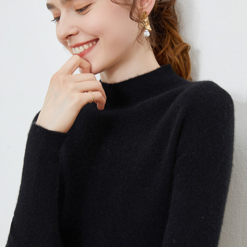 Women Lightweight fitted mock neck pullover in cashmere-like mohair look with fine ribbed texture Mune Fashion