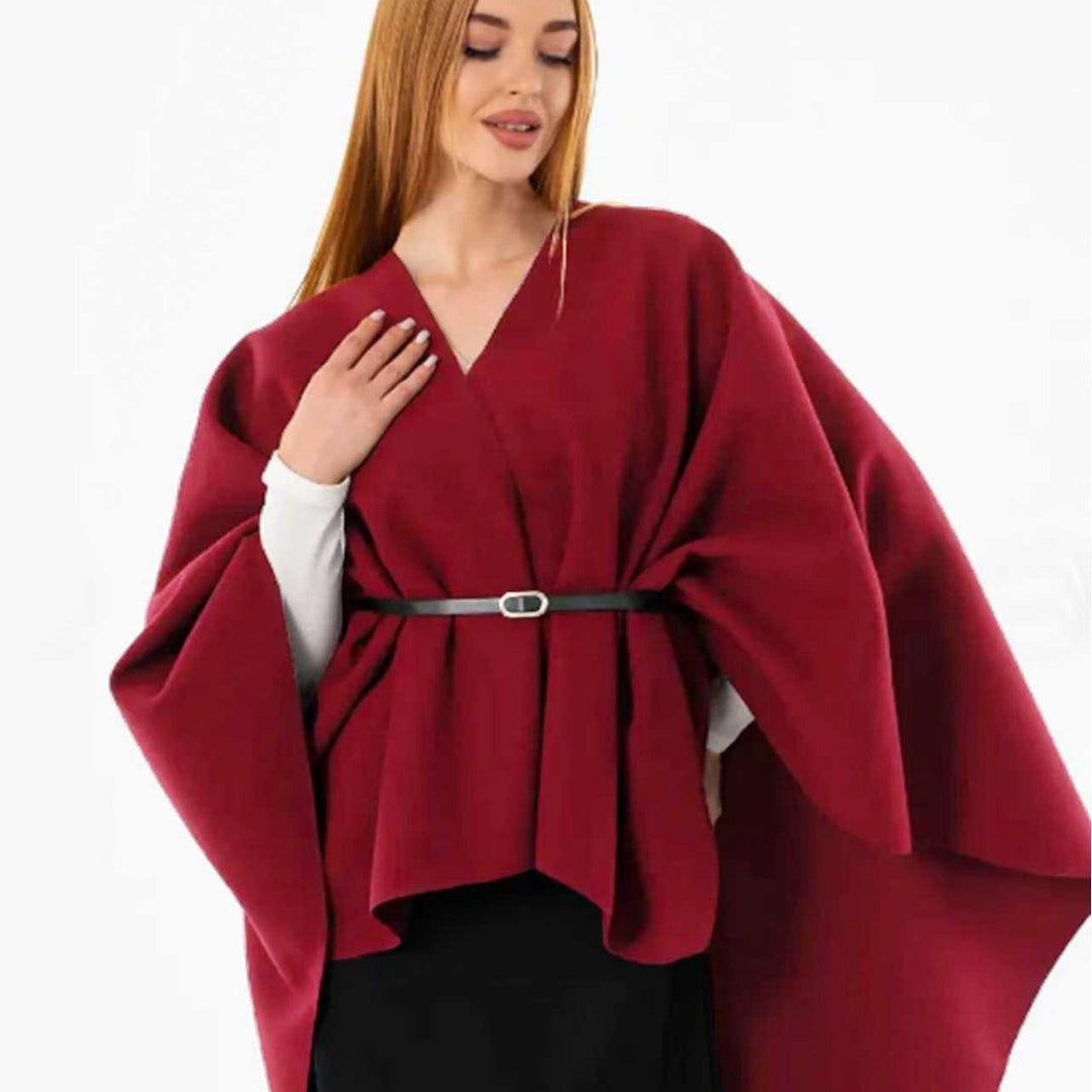 Women Oversized-Cape Poncho with Wrap Look and V-Neck Mune Fashion