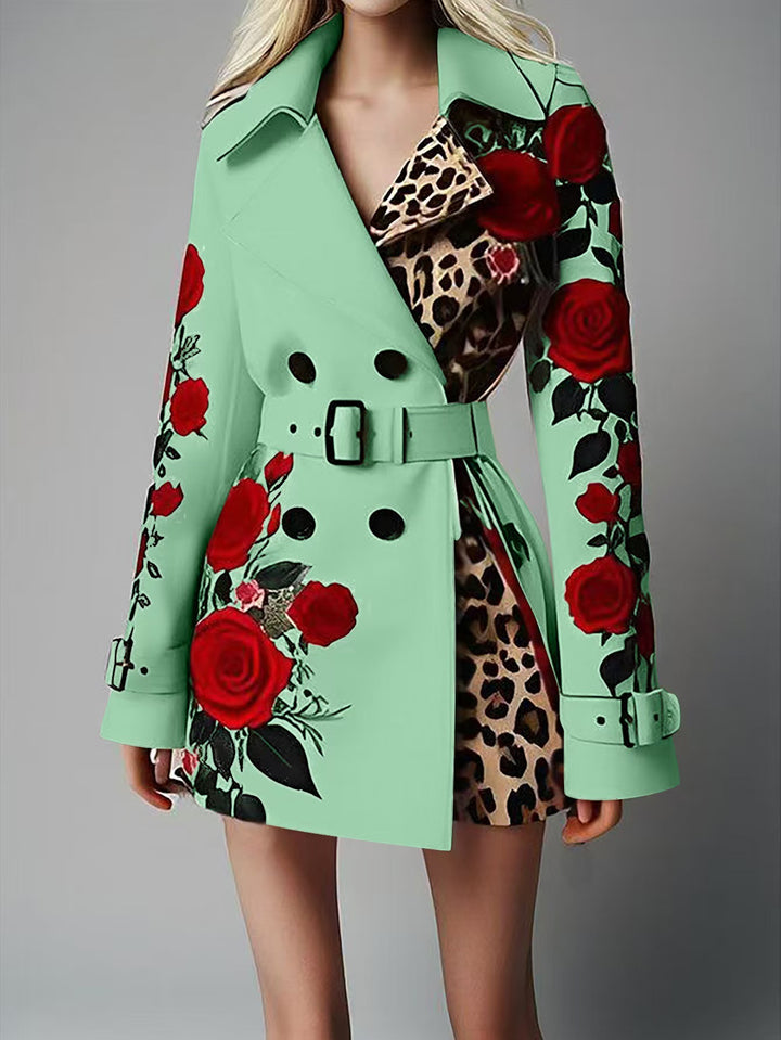 Women Tailored Trench Coat with Rose Print and Leopard Lining Mune Fashion