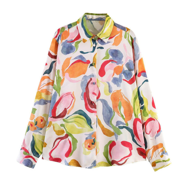 Women's Printed Oversized Blouse with Shirt Collar and Pearl Buttons Mune Fashion