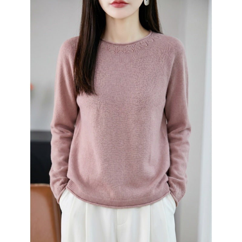 Women Lightweight Fine Knit Round Neck Sweater with Openwork Detail and Casual Silhouette Mune Fashion