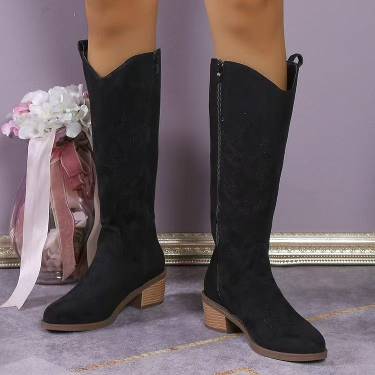 Ladies knee-high boots in western style with mid-high block heel, side zipper, and embroidered suede finish Mune Fashion