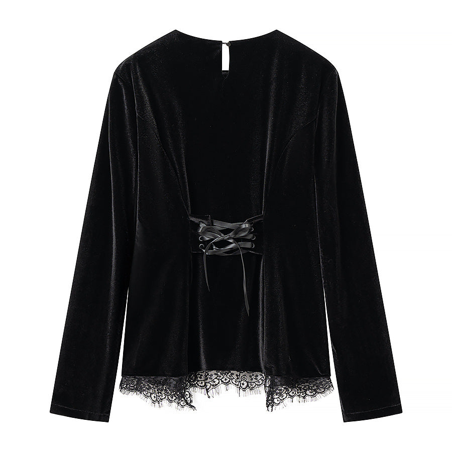 Ladies Elegant Velvet Top with Lace Trim and Curved Hem Mune Fashion