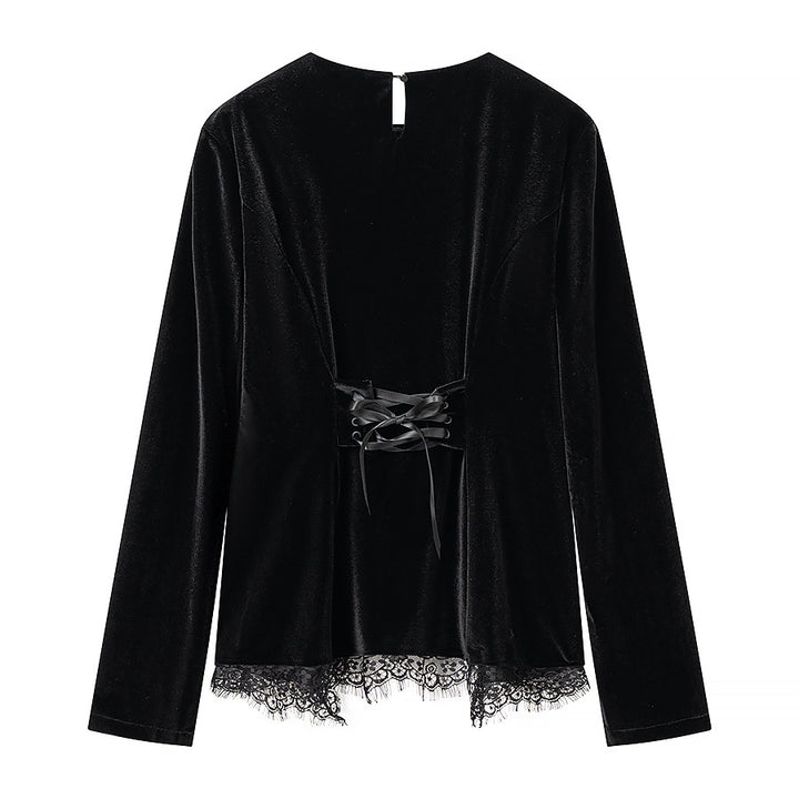 Ladies Elegant Velvet Top with Lace Trim and Curved Hem Mune Fashion