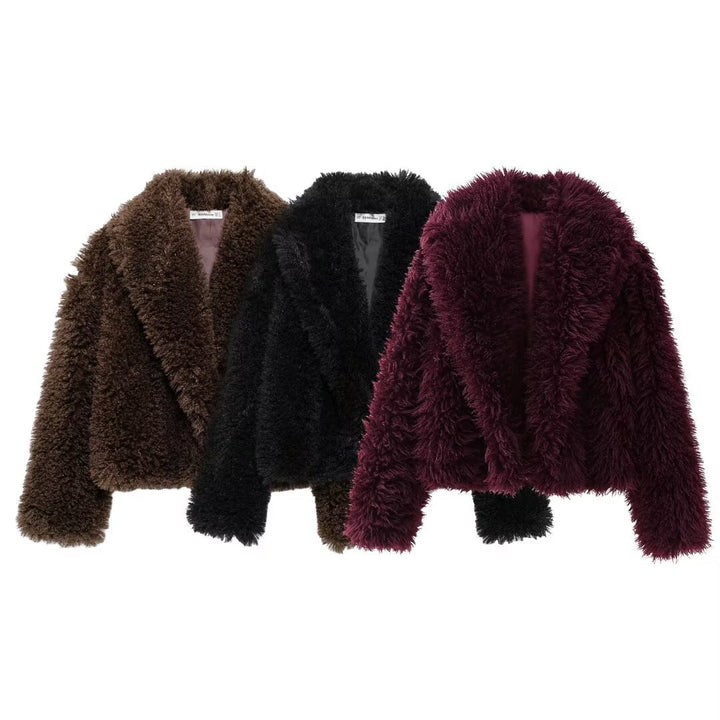 Women's short cozy faux fur cropped jacket with generous shawl collar and open front Mune Fashion
