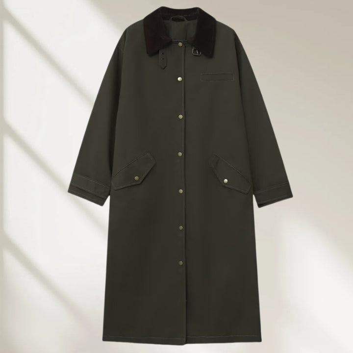 Women's long waterproof parka coat with cord collar and snap button placket Mune Fashion