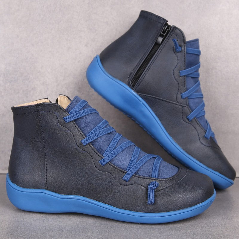 Women's Ankle-Height Comfort Boots with Elastic Decorative Lacing and Side Zipper Mune Fashion