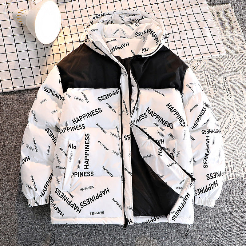 Men's Printed Padded Hooded Jacket with Contrasting Shoulder Yoke and Drawstring Mune Fashion