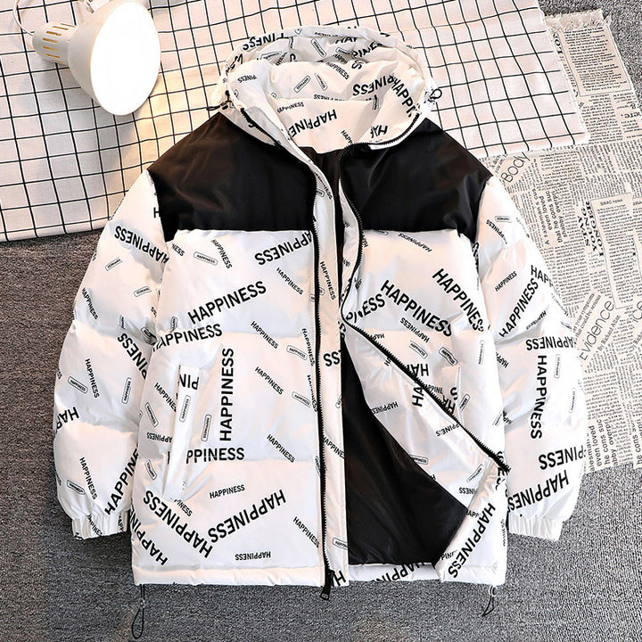 Men's Printed Padded Hooded Jacket with Contrasting Shoulder Yoke and Drawstring Mune Fashion