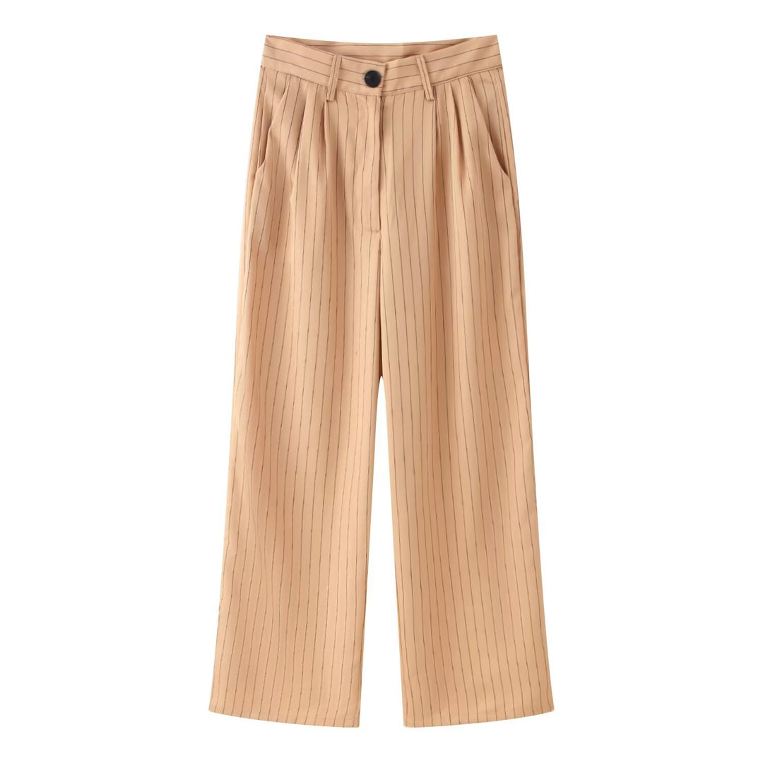 Women's Two-Piece Pinstripe Short Blazer with High-Cut Wide Pants Mune Fashion