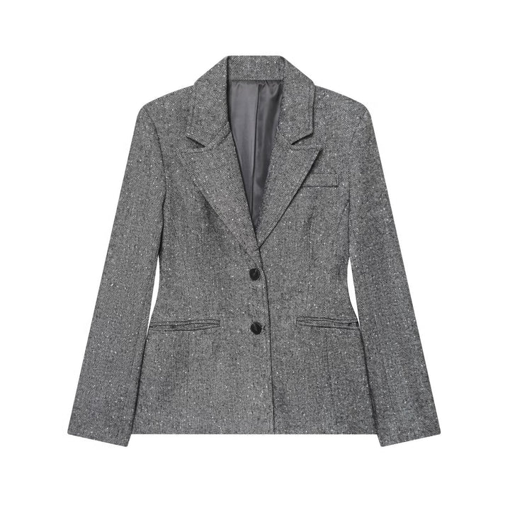 Women Tailored Blazer in Herringbone Pattern with Notched Collar and Flap Pockets Mune Fashion