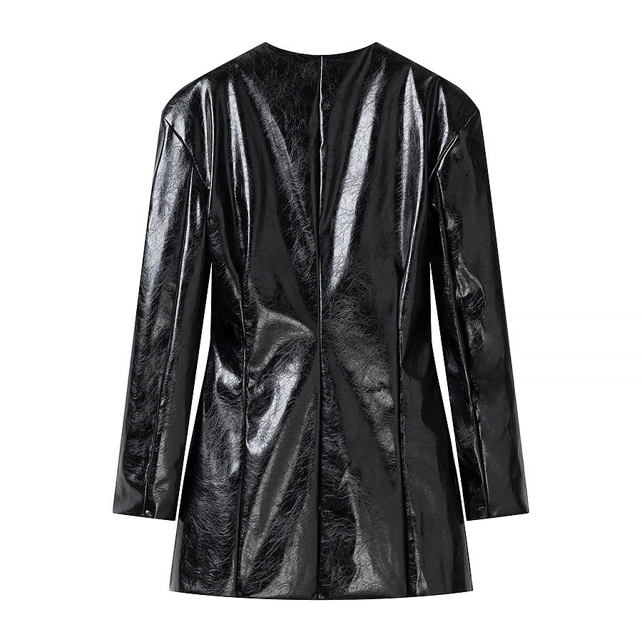 Women Patent Blazer-Mini Dress with Tailored Darts and Golden Decorative Buttons Mune Fashion