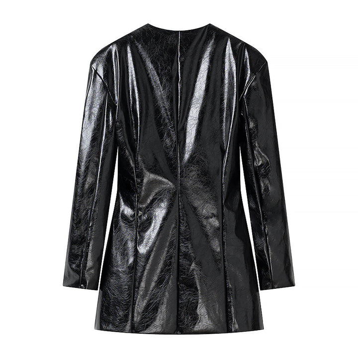 Women Patent Blazer-Mini Dress with Tailored Darts and Golden Decorative Buttons Mune Fashion