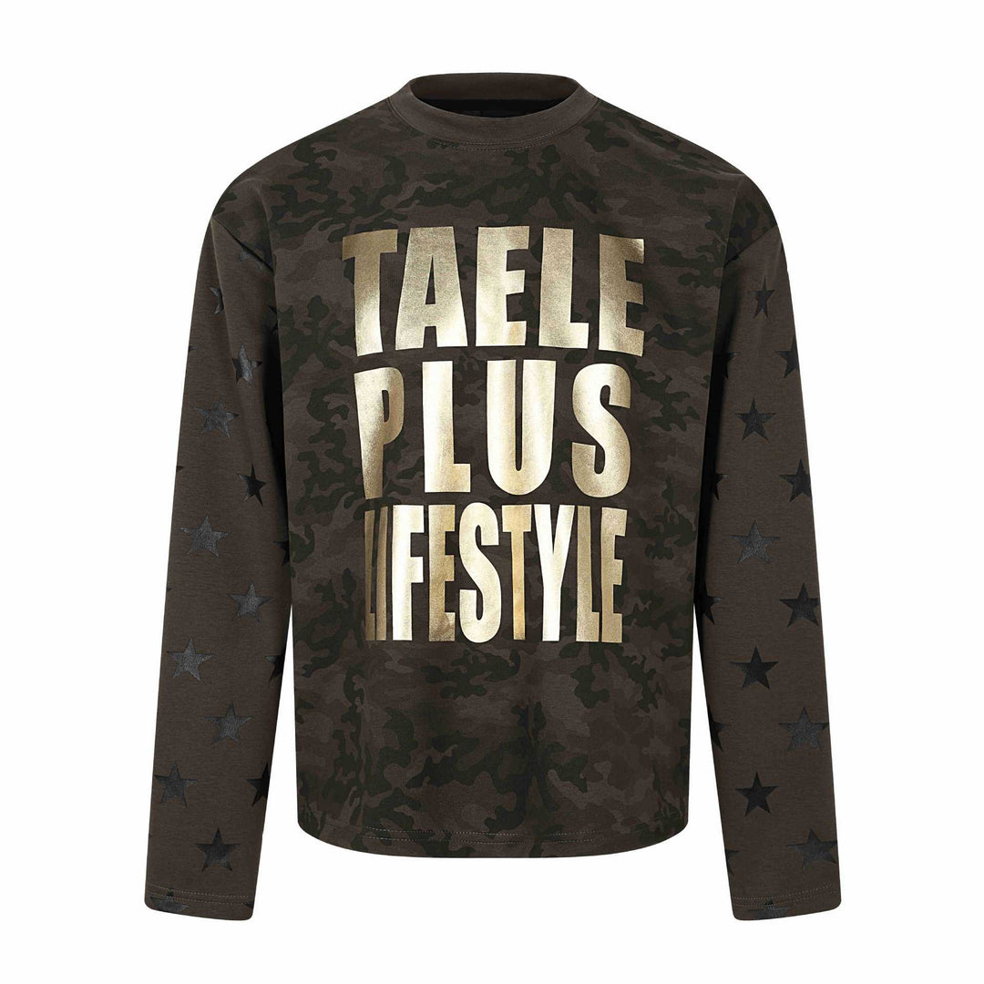 Unisex Oversize Sweatshirt with camouflage print, star sleeve appliqué and large metallic print Mune Fashion