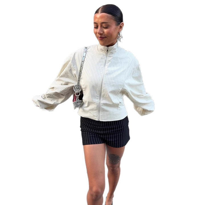 Women Short fitted bomber jacket with stand-up collar and fine pinstripe texture Mune Fashion