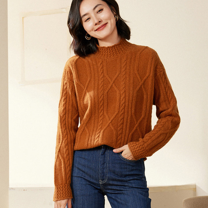 Women's cable knit mock neck sweater with short boxy silhouette Mune Fashion