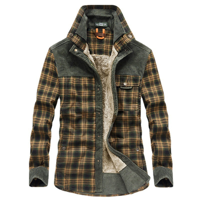 Men's Checkered Shirt Jacket with Teddy Lining, Corduroy Shoulder Yoke and Multifunctional Pockets Mune Fashion