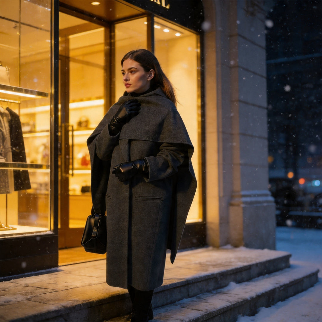 Women’s Maxi Length Wool Mix Coat with Integrated Loop Scarf and Clean Lapel Mune Fashion