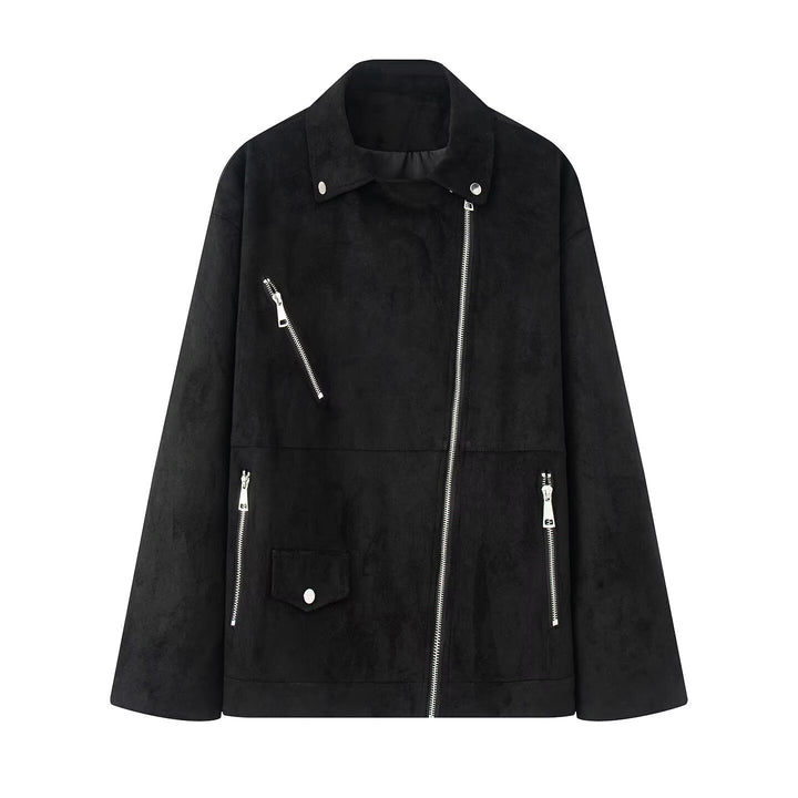 Women's long oversized biker jacket in velour look with diagonal zipper and multiple pockets Mune Fashion