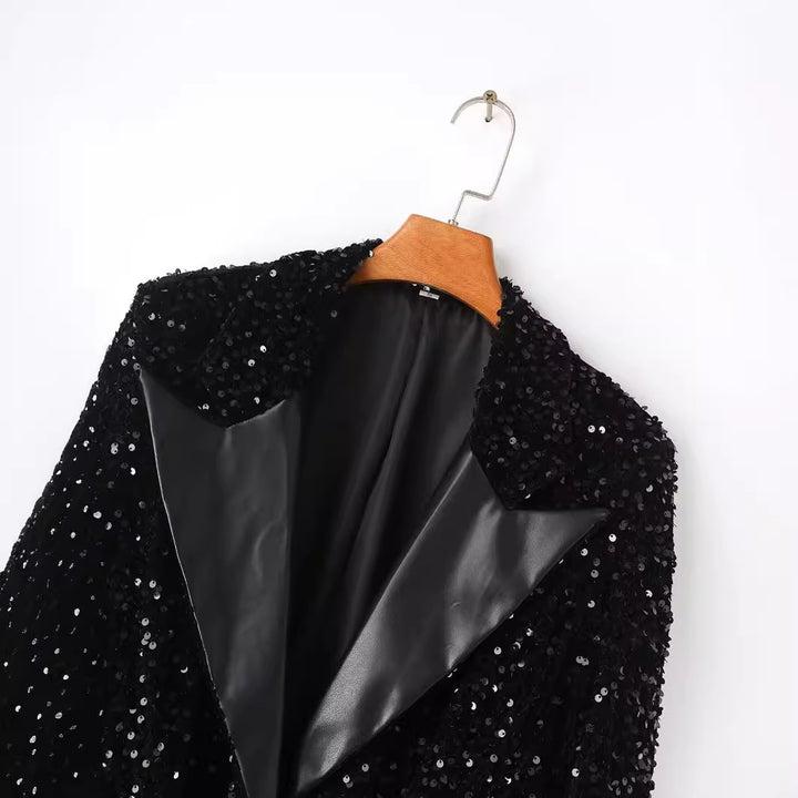Women's glittering sequin blazer coat with wide shawl collar, satin lapel and adjustable waist belt Mune Fashion
