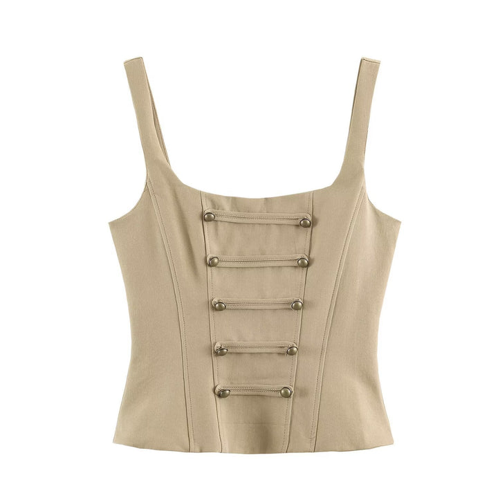 Women's Fitted Corset Top with Decorative Button Placket and Princess Seams Mune Fashion