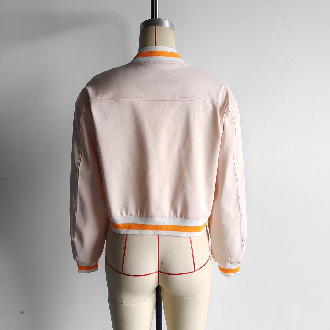 Women's cropped blouson jacket with snap button placket, striped ribbed cuffs and patch chest pockets Mune Fashion