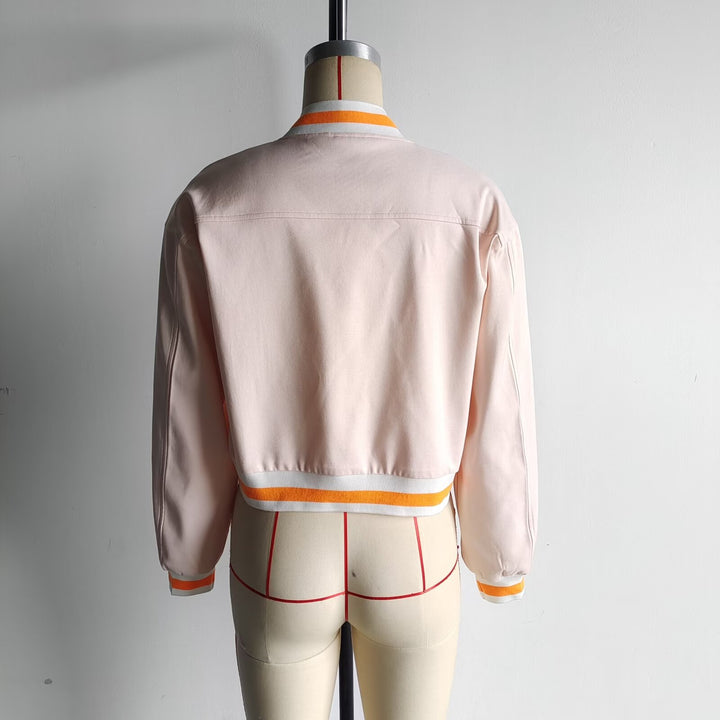 Women's cropped blouson jacket with snap button placket, striped ribbed cuffs and patch chest pockets Mune Fashion