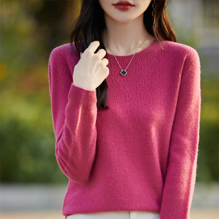 Women's Soft Round Neck Sweater in Cashmere Look with Fine Openwork Pattern and Snug Fit Mune Fashion