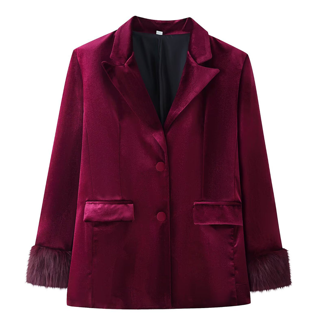 Women Tailored Velvet Blazer with Faux Fur Cuffs and Flap Pockets Mune Fashion
