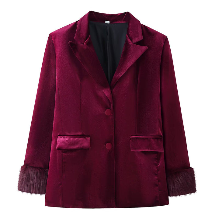 Women Tailored Velvet Blazer with Faux Fur Cuffs and Flap Pockets Mune Fashion