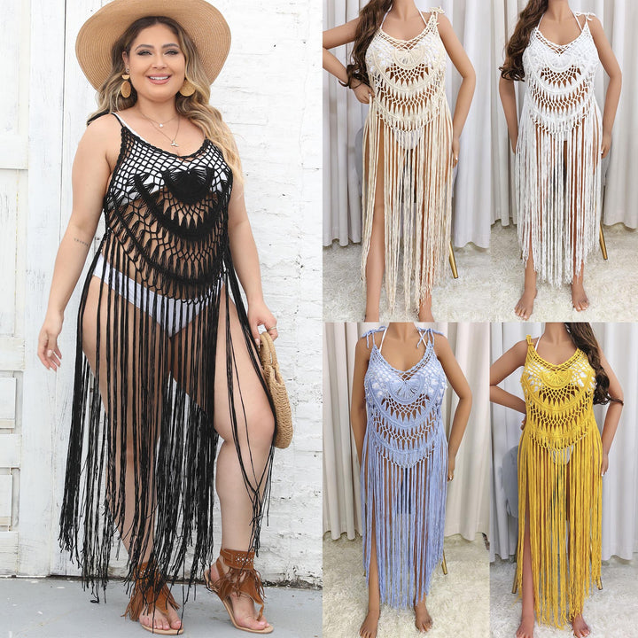 Women's Crochet Beach Cover-Up with Fringes and Decorative Pattern Mune Fashion