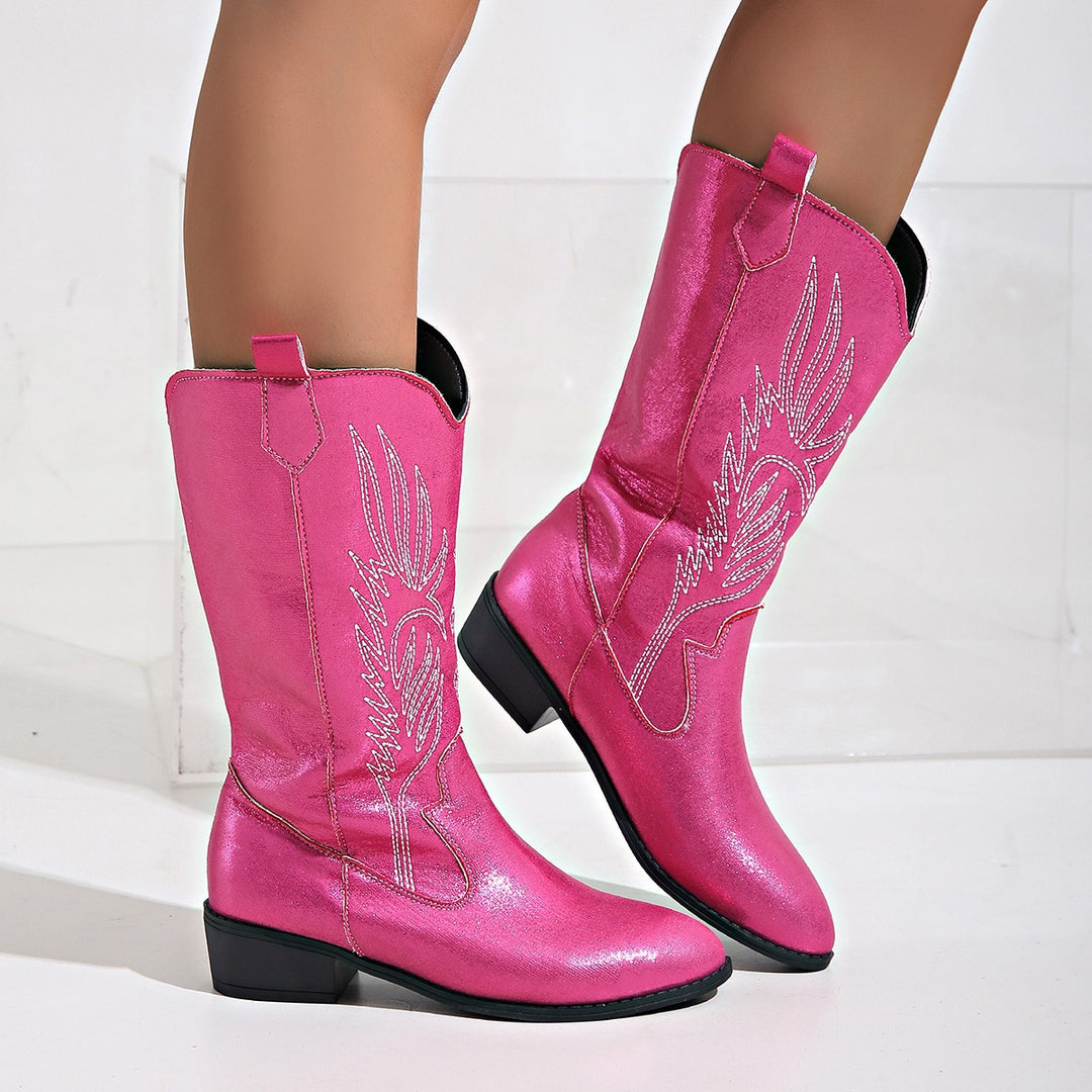 Women's Cowgirl Knee-High Boots with Decorative Embroidery, Pull-Tabs and Comfortable Block Heel Mune Fashion
