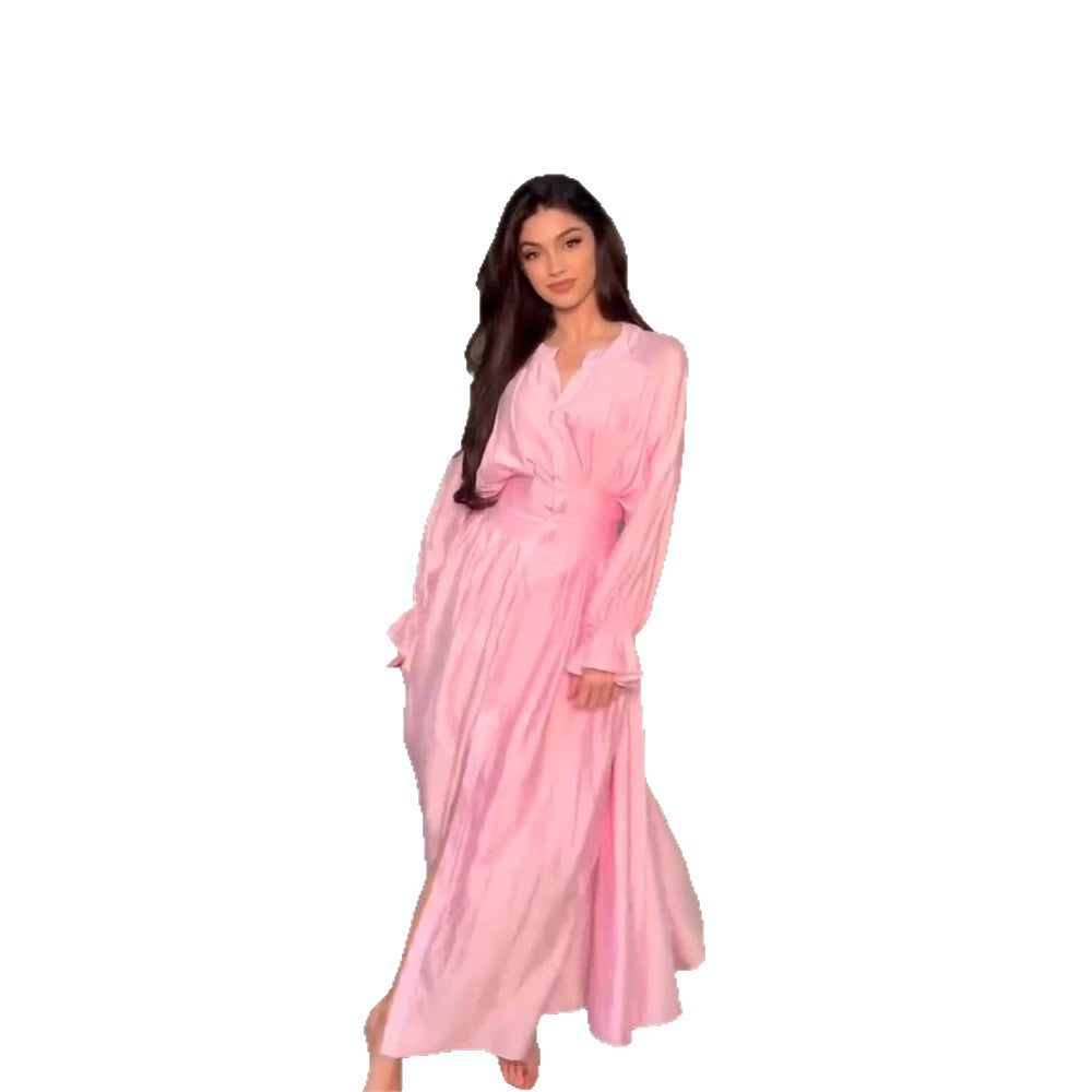 Women's maxi dress made of satin with fitted gathering, stand-up collar and front slit Mune Fashion