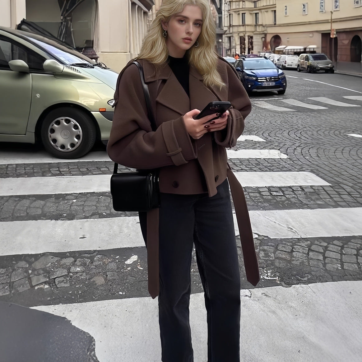 Women's Short Wool Peacoat with Wide Lapels, Tie Belt and Roll-Up Sleeves Mune Fashion