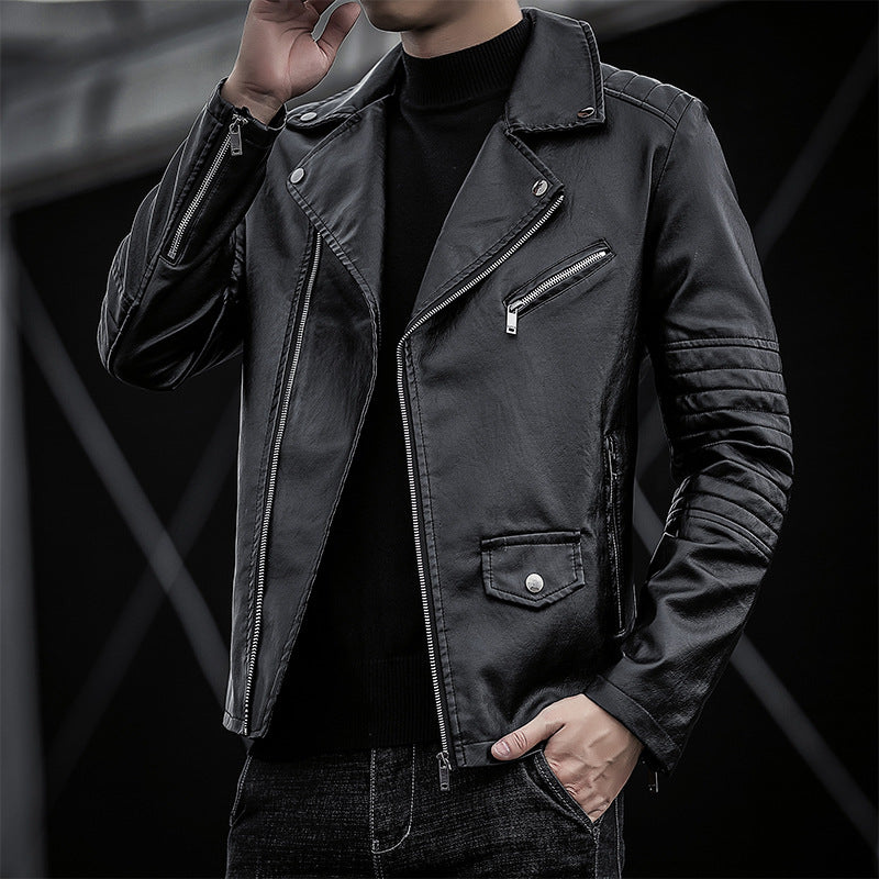 Men's biker leather jacket in slim fit with quilted sleeve part Mune Fashion