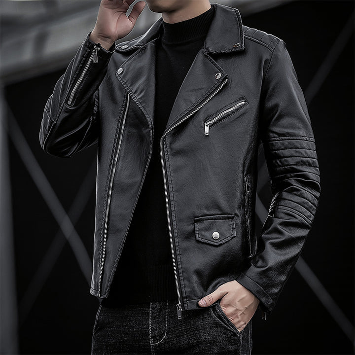 Men's biker leather jacket in slim fit with quilted sleeve part Mune Fashion
