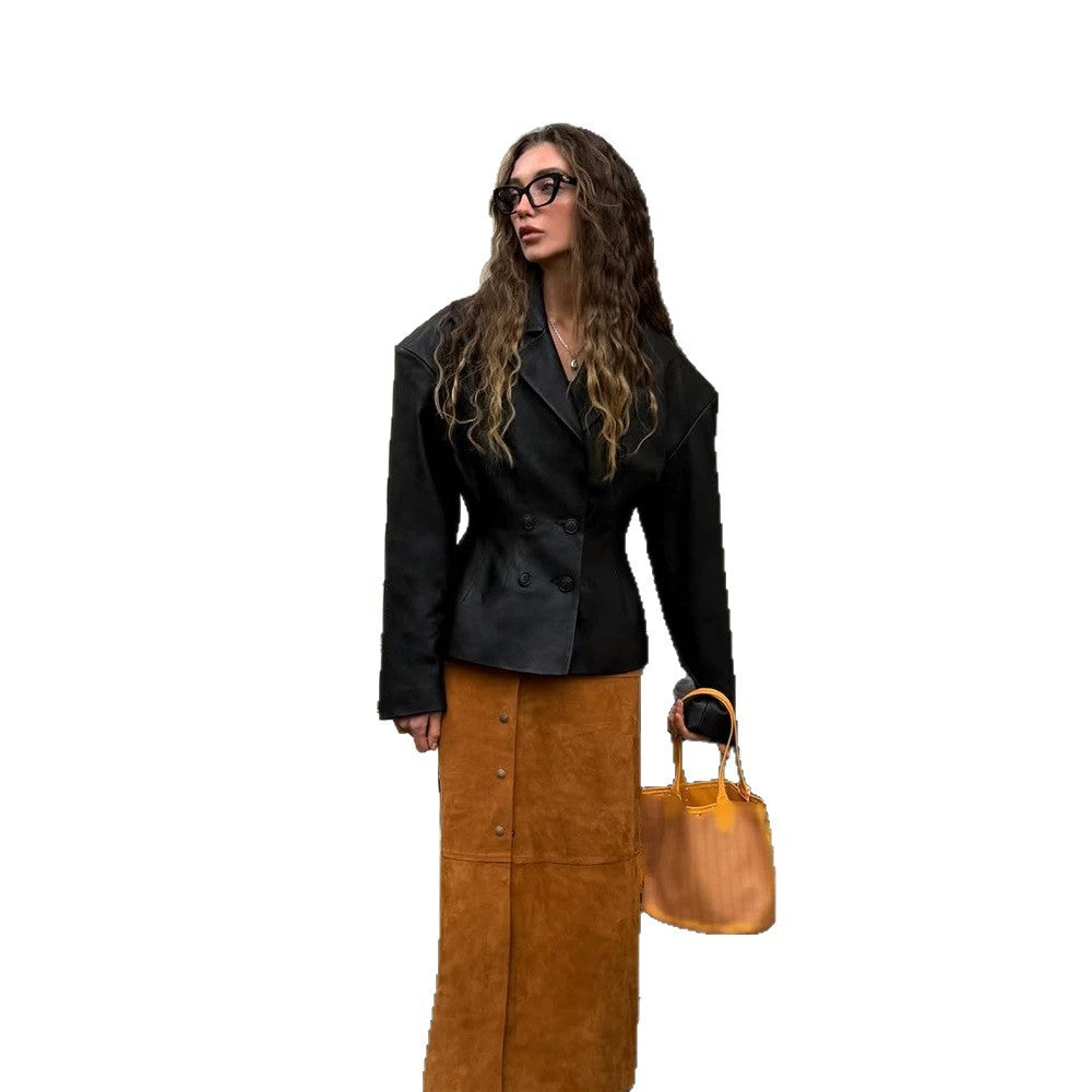 Women Fashionable Blazer-Bomber made of vegan leather imitation with double-breasted front Mune Fashion