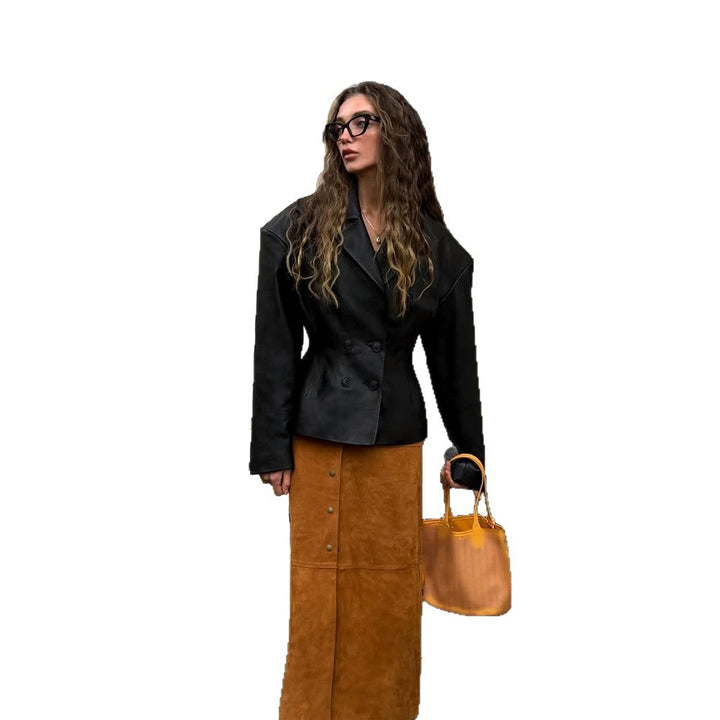 Women Fashionable Blazer-Bomber made of vegan leather imitation with double-breasted front Mune Fashion