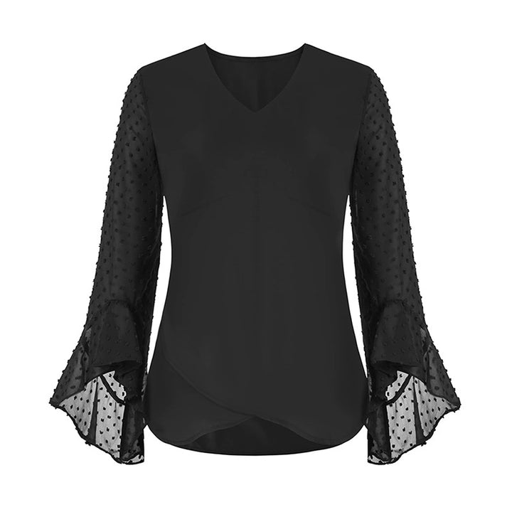 Women's chiffon blouse with V-neck, dotted trumpet sleeves, and asymmetrical hem Mune Fashion