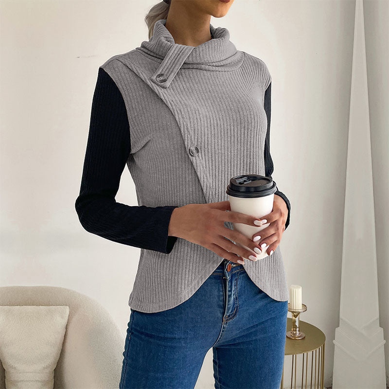 Ladies Asymmetric Ribbed Knit Layering Top with Roll Neck and Decorative Button Placket Mune Fashion