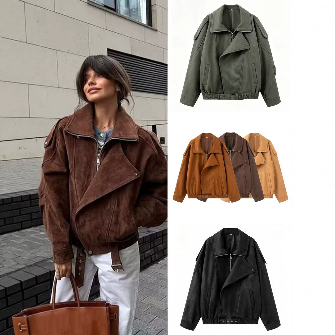 Women Oversize Bomber Jacket with Wide Lapel Collar, Waist Belt and Shoulder Epaulettes Mune Fashion