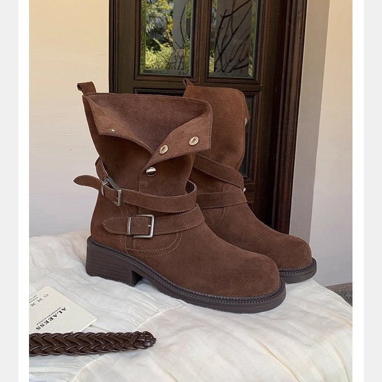 Women's suede biker boots with buckles and medium block heel Mune Fashion