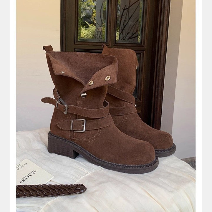 Women's suede biker boots with buckles and medium block heel Mune Fashion