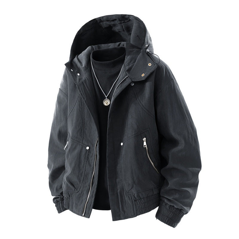 Men's lightweight utility hooded jacket with stowable hood, water-repellent coating, zippered pockets, and elastic cuffs Mune Fashion